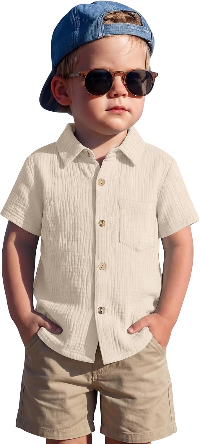 Toddler Baby Boys Shirt Cotton Short Sleeve Polo Button Down Collared Lightweight Seersucker Top with Pocket 18M-5T