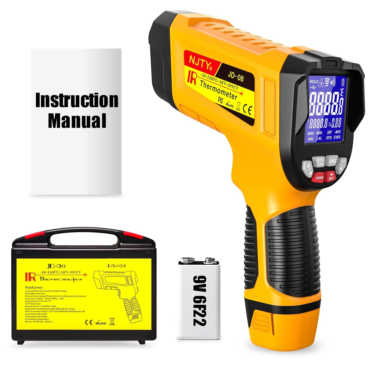 Infrared Thermometer Gun, -58℉ to 3992℉, High Temp Laser Thermometer with Adjustable Emissivity, Non-Contact Digital IR Pyrometer for Furnace, Kiln, Metal, Industrial Use