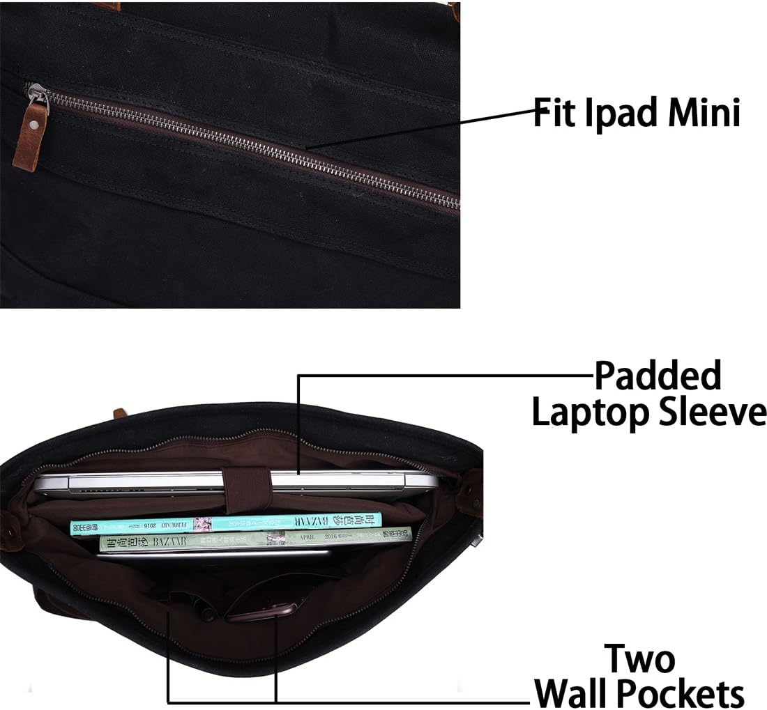 Laptop Messenger Bag 15.6" for Men Waxed Canvas Vintage Leather Business Briefcase Shoulder Bags Waterproof