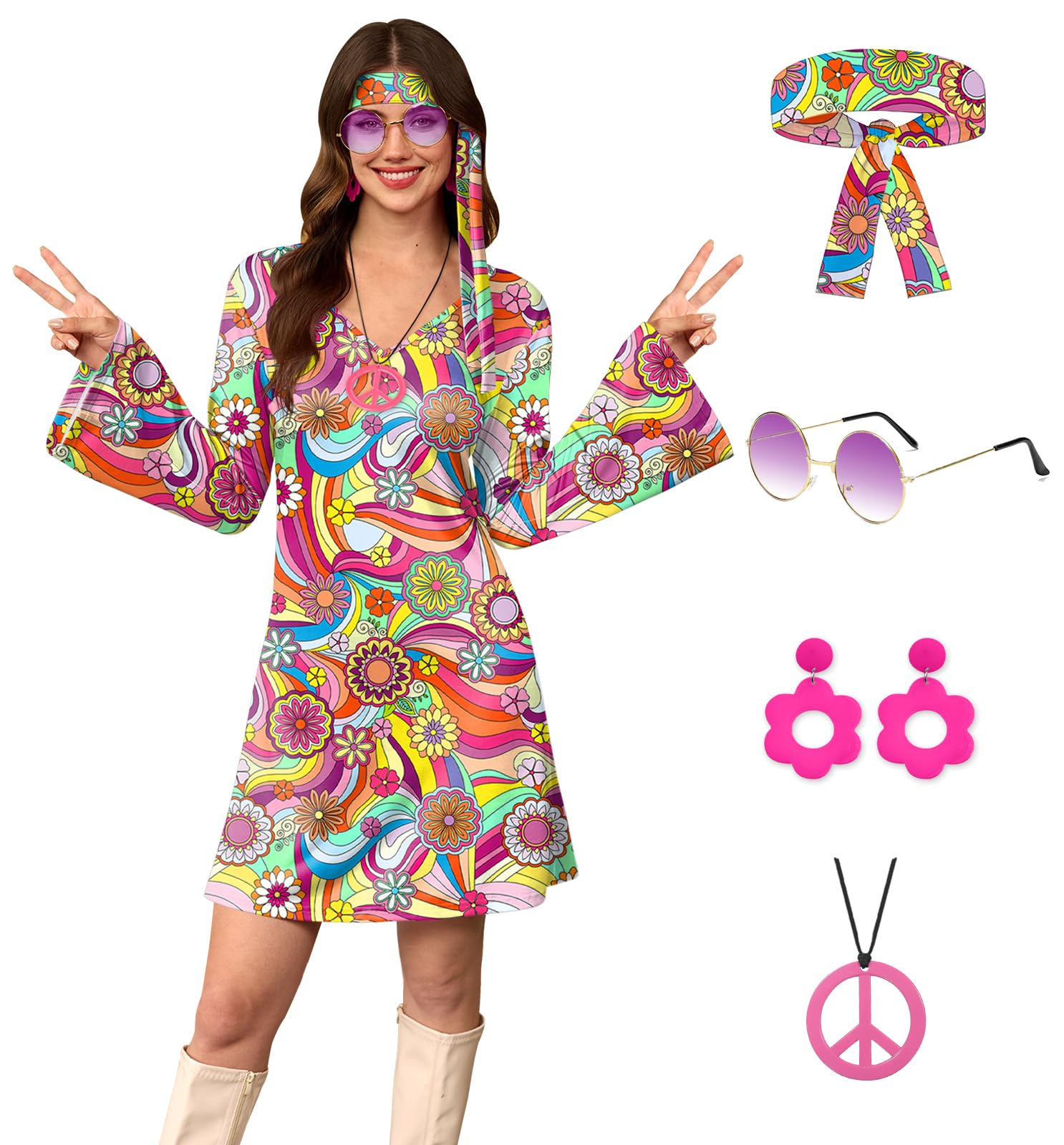 For G and PL Women's Summer 60s 70s Hippie Flare Sleeve Costume Disco Dress with Sunglasses Headband Purple S