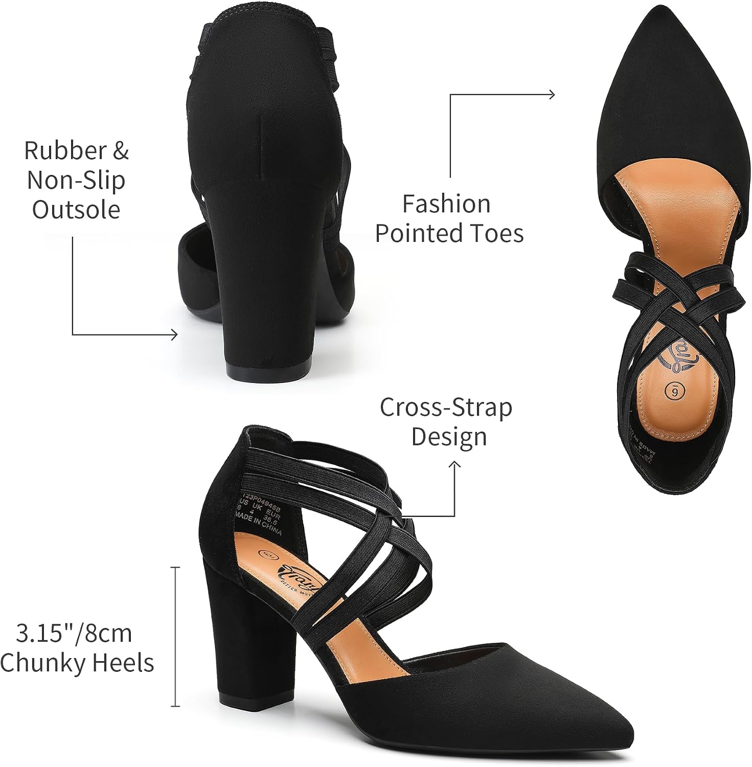 Trary Women's Pumps Chunky Closed Pointed Toe Block Heels for Women Dress Shoes Elastic Crisscross Strappy 3.15 Inch Comfortable for Wedding Bridal