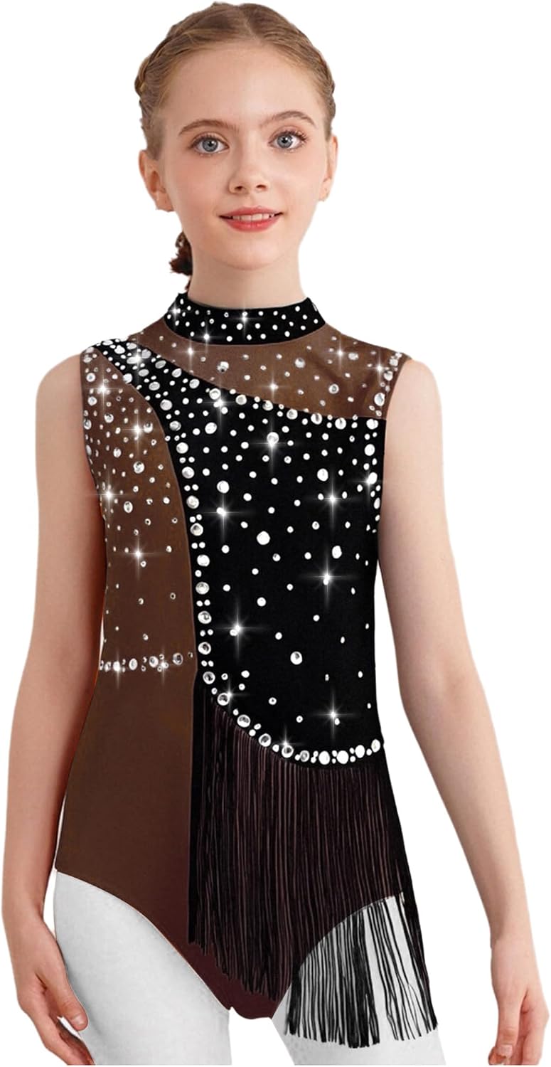 Kids Girls Rhinestone Rhythmic Gymnastics Leotard Sleeveless Latin Dance Dress Tassel Figure Skating Bodysuit