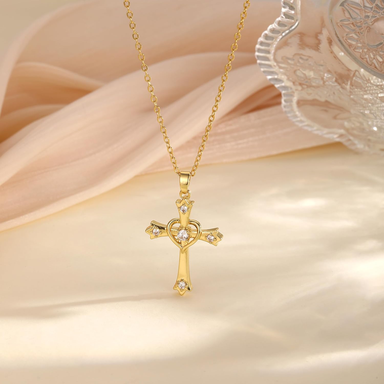 Cross Necklace for Women 14K Gold Plated Dainty Heart Cross Pendant Choker Simple Trendy Cute Cross Charm Diamond Necklace Faith Jewelry Religious Minimalist Gift - Image 5