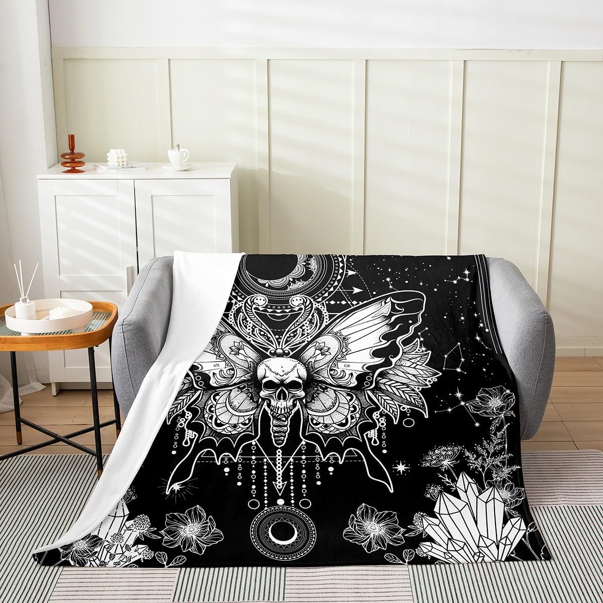 Dead Moth Butterfly Fleece Blanket,Boho Sun Moon Starry Galaxy Glitter Bed Blanket for Kids Teens,Exotic Animal Neon Blue Purple Halloween Flannel Blanket for Room Decor,Queen 90"x90"