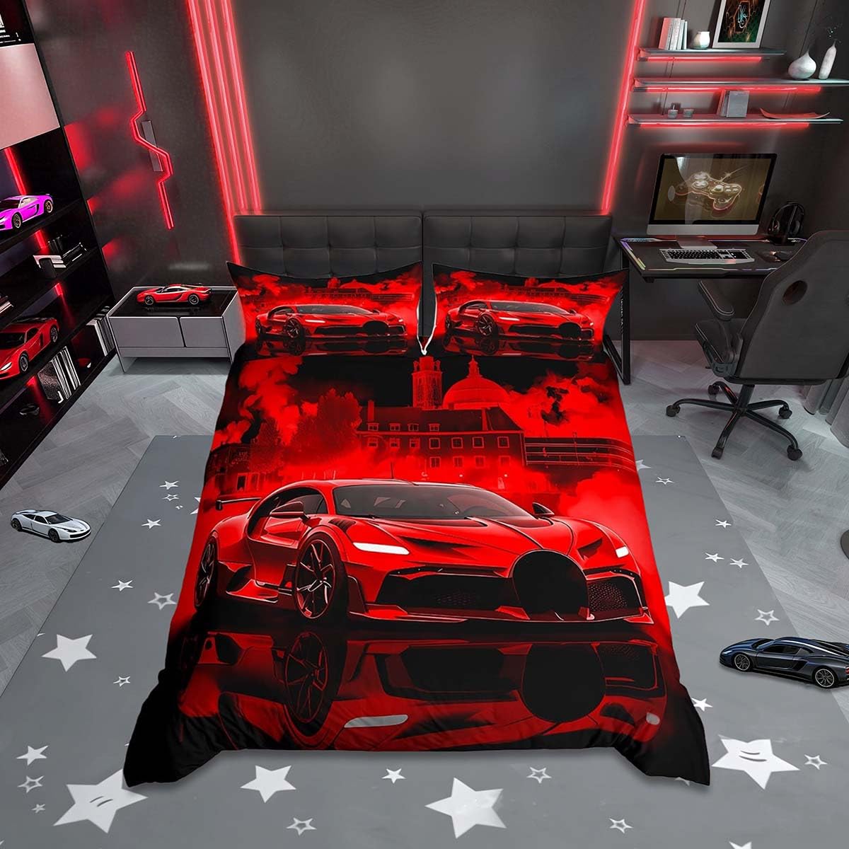Homemissing Kids Race Car Bedding Set Double Size Extreme Sport Games Duvet Cover for Boys Girls Bedroom Decor Modern Red Comforter Cover Soft Lightweight Microfiber With 2 Pillow Cases