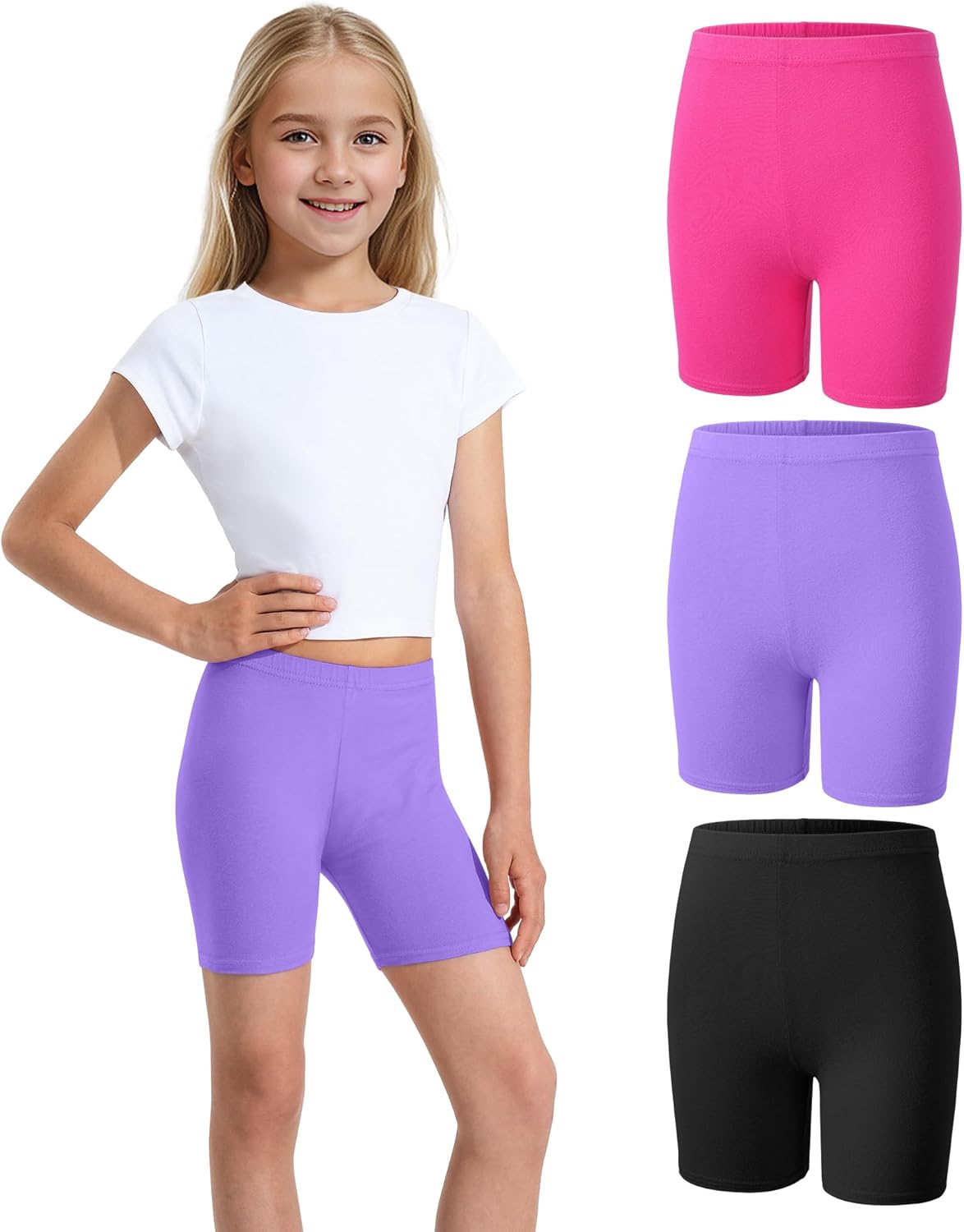3 Pack Girls Bike Shorts Kids Cotton Cartwheel Athletic Gymnastics Shorts for Running Dance