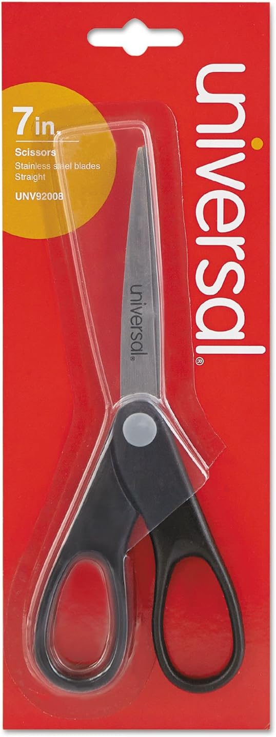 Universal 92008 Stainless Steel Office Scissors, 7" Long, Straight Handle, Black