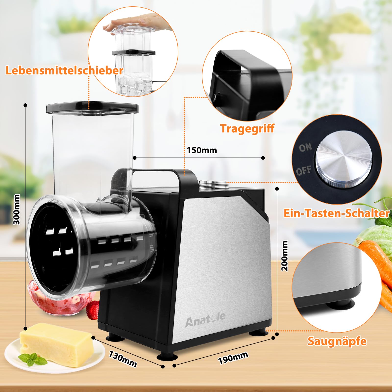 Anatole 7 in 1 Gemüseschneider Elektrisch Ice Crusher Käsereibe Edelstahl | Schneiden&Reiben&Mahlen&Eisrasierer Multifunktional, 7 Klingen, Großkaliber, 250W, für Kartoffeln Karotten Küche Hause, 220V