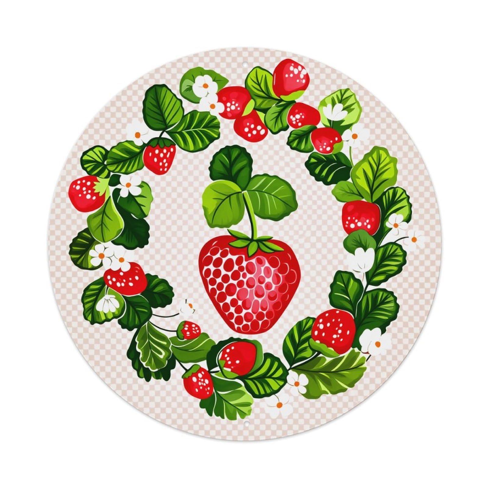Strawberry Wreath Green Leaves White Flowers Round Tin Sign Vintage Metal Poster Retro Bar, Home, Man Cave, Kitchen, Laundry Room Wall Art Decor Gift 8x8In