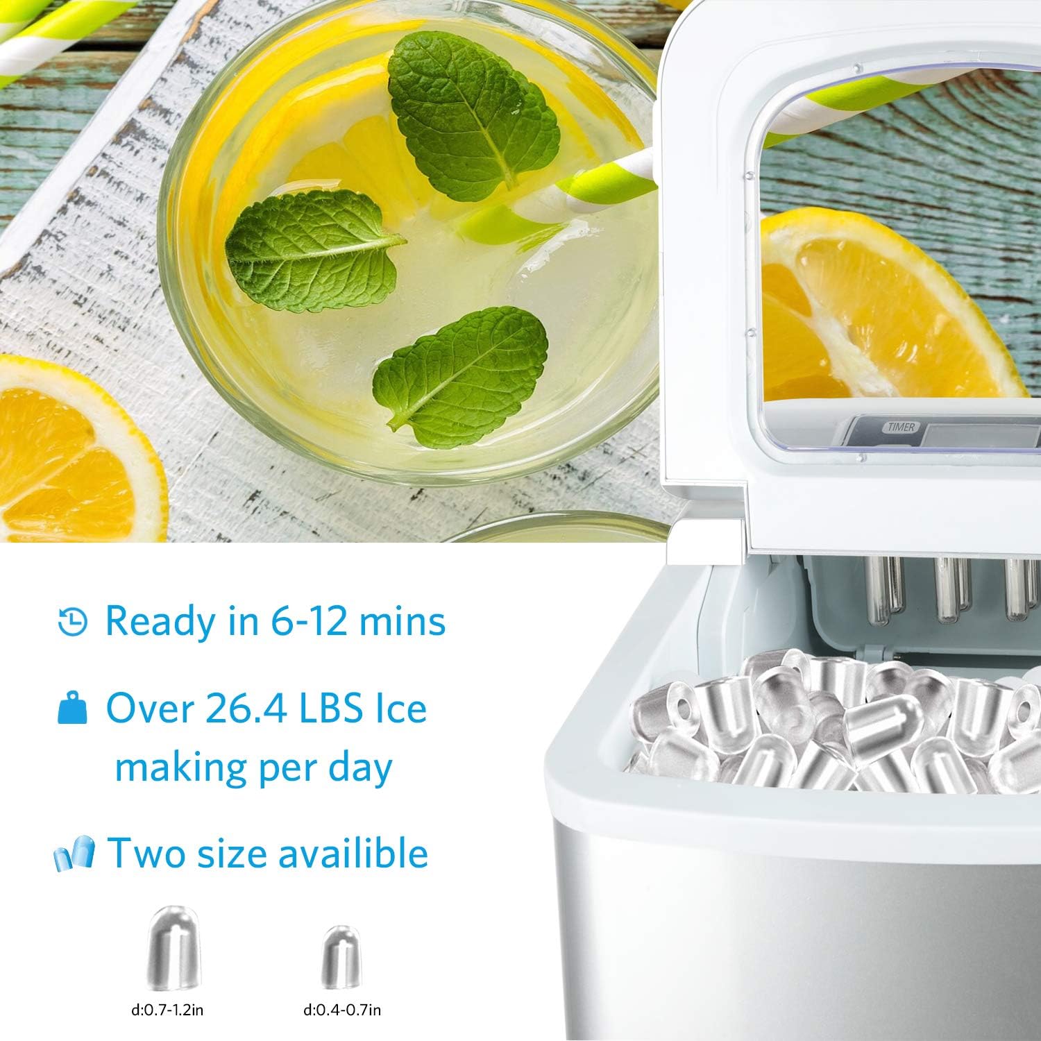 Countertop Ice Maker Portable Ice Making Machine -Bullet Ice Cubes Ready in 6 Mins - Makes 26 lbs Ice in 24 hrs - Perfect for Home/Office/Bar, LCD Display & Ice Scoop & Bucket(Silver)