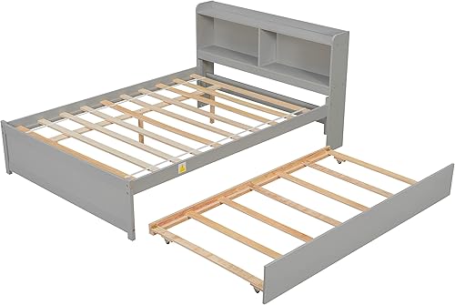 Miniatura 3 de Anwick Cama individual con cama nido, base de cama individual con cabecera de estantería, cama de plataforma individual de madera con cama nido