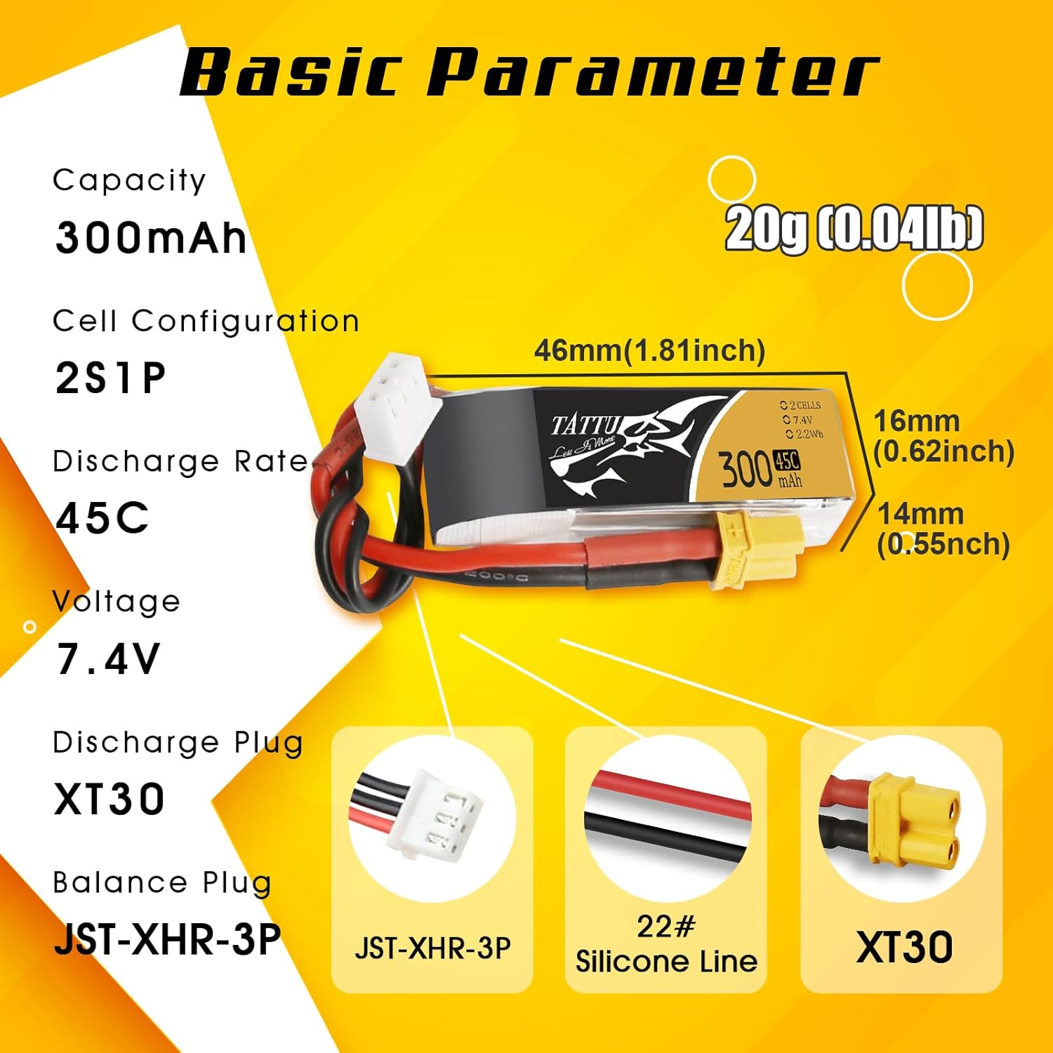 TATTU 4PCS 7.4V 300mAh 2S 45C LiPo Battery Pack with XT30 Plug for Emax Babyhawk Micro FPV Quad Racing Drone