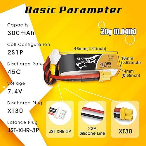 Miniatura 2 de TATTU Paquete de baterías LiPo de 7.4 V 300 mAh 2S 45C con enchufe XT30 para Emax Babyhawk Micro FPV Quad Racing Drone