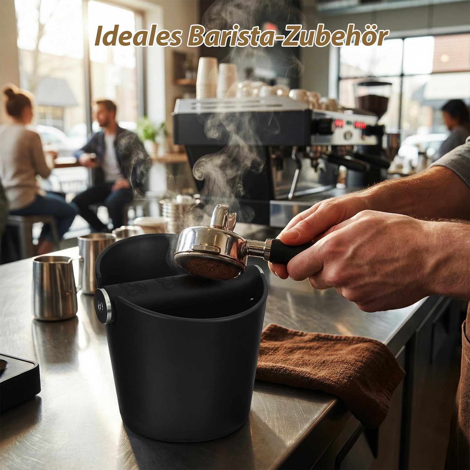 Abklopfbehälter für Siebträger Espresso Abklopfbehälter Knock Box Kaffeesatz Behälter mit Abnehmbarer Metall-Klopfstange, Rutschfester Basis und Kaffee Tampermatte, Siebträger Zubehör für Küche Café