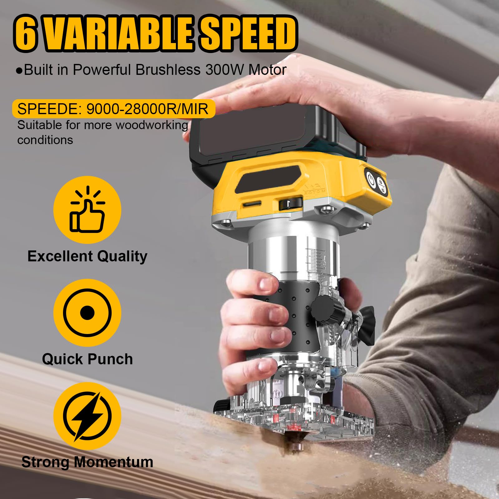 Akku Oberfräse kompatibel mit Dewalt 18V Akku, 1300W Oberfräse Trimmer Einhandfräse, Bürstenloser Kantenfräser mit 6 Geschwindigkeit, 28.000 U/min Akku-Holzfräser für Holzbearbeitung (no Ak-ku)