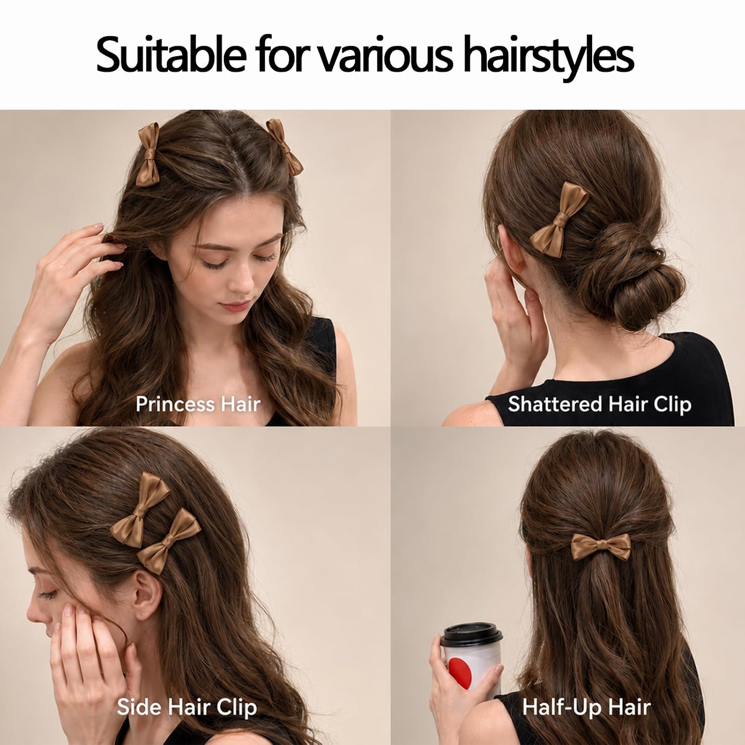 4 PCS Hair Combs Satin Bow Hair Side Comb for Women's Styling-Black,Brown image 2