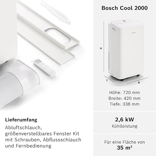 Bosch Cool 2000 Portable AC - 3 in 1: Air Conditioner, Dehumidifier, Fan - 2.6 kW Cap for Rooms up to 35 m² - with Auto Mode, Silent Mode & Sleep Mode (46 db(A)) [Class A] - 5