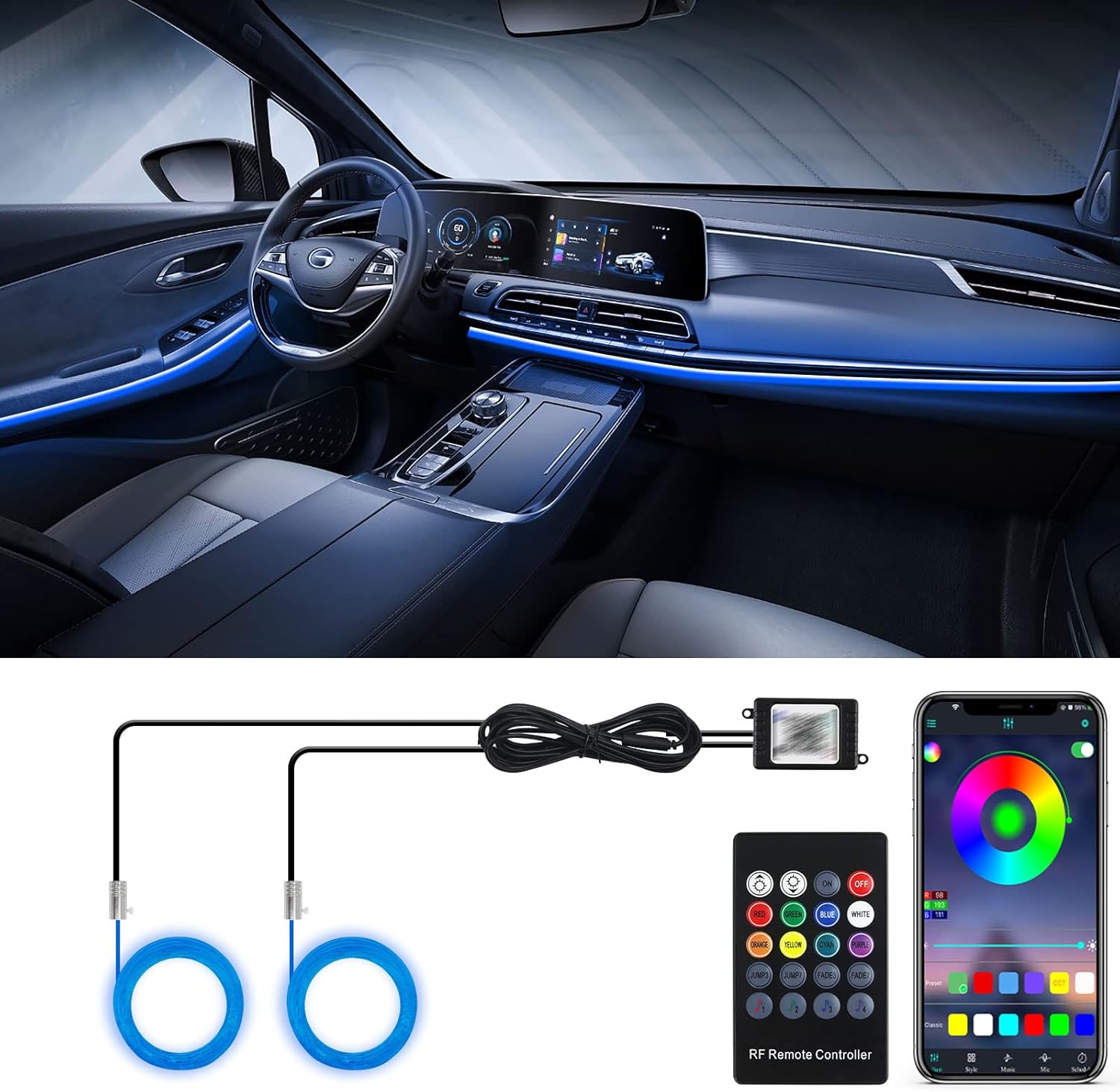 LED Strip Lights for Car, 2 in 1 RGB Car Interior Lights with 16 Million Colors and 118 inches Fiber Optic, Neon Ambient Lighting Kits, Bluetooth APP Control and Remote Control