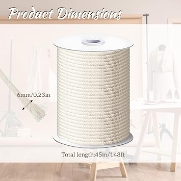 1/4 Inch Cotton Rope 6 mm x 49 Yards, Cotton Piping Cord, Natural Macrame Cord, White Craft Rope, Natural Cording for Sewing Piping, Clothesline, DIY Ropes Baskets, Plant and Clothes Hangers