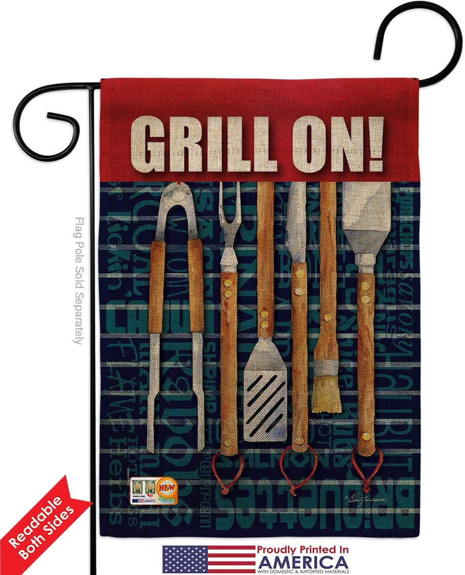 Grill On Burlap Garden Flag Summertime Fun and Sun Beach Pool Luau Tropical Party Season Outdoor Sunny Small Decorative Gift Yard House Banner Double-Sided Made In USA 13 X 18.5