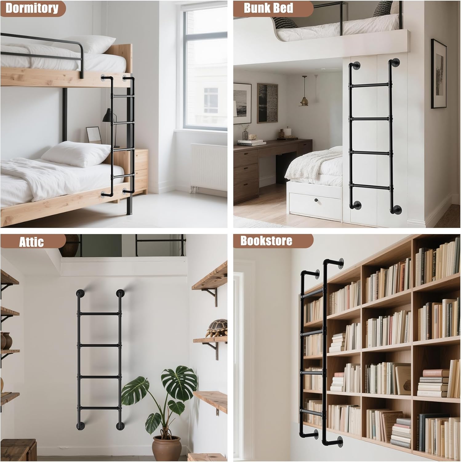 Wall Mounted Black Metal Bunk Bed Ladders for Home,4FT RV Bunk Ladder,4-Rung 330LBS Load Heavy Duty Step Ladder for Home,Loft,Basement Window Well Egress,Fire Emergency Escape,Black