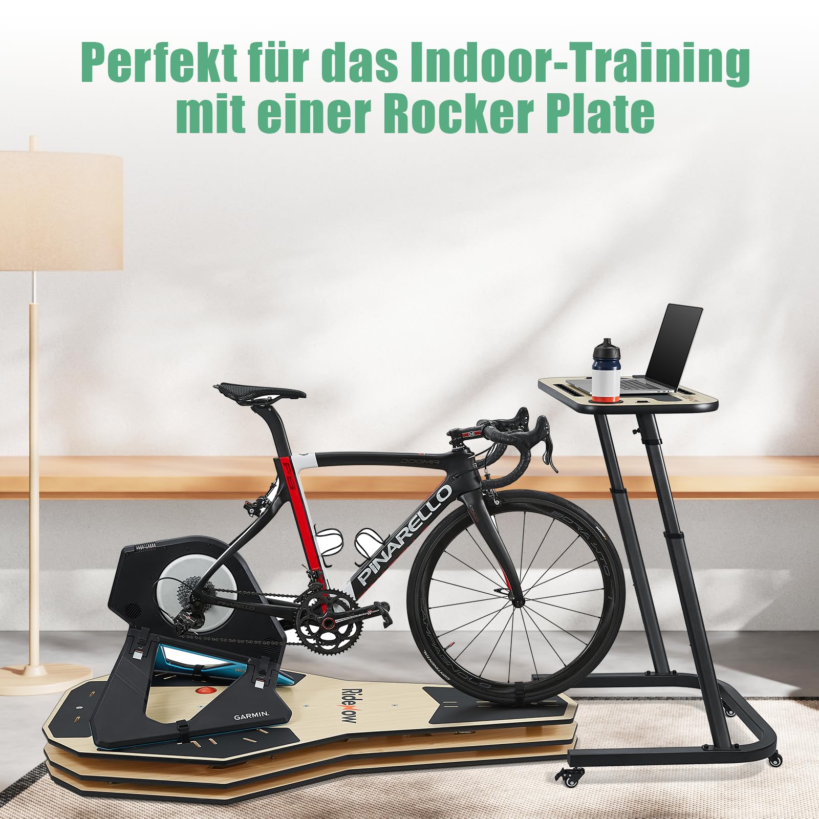 RideNow Rollentrainer Tisch, Verstellbarer Fahrradtisch mit Rollen | Laufbandtisch, Rutschfester Holz-Arbeitsfläche mit Steckdosen, Steckplatz für Tablet oder Telefon, Getränkehalter