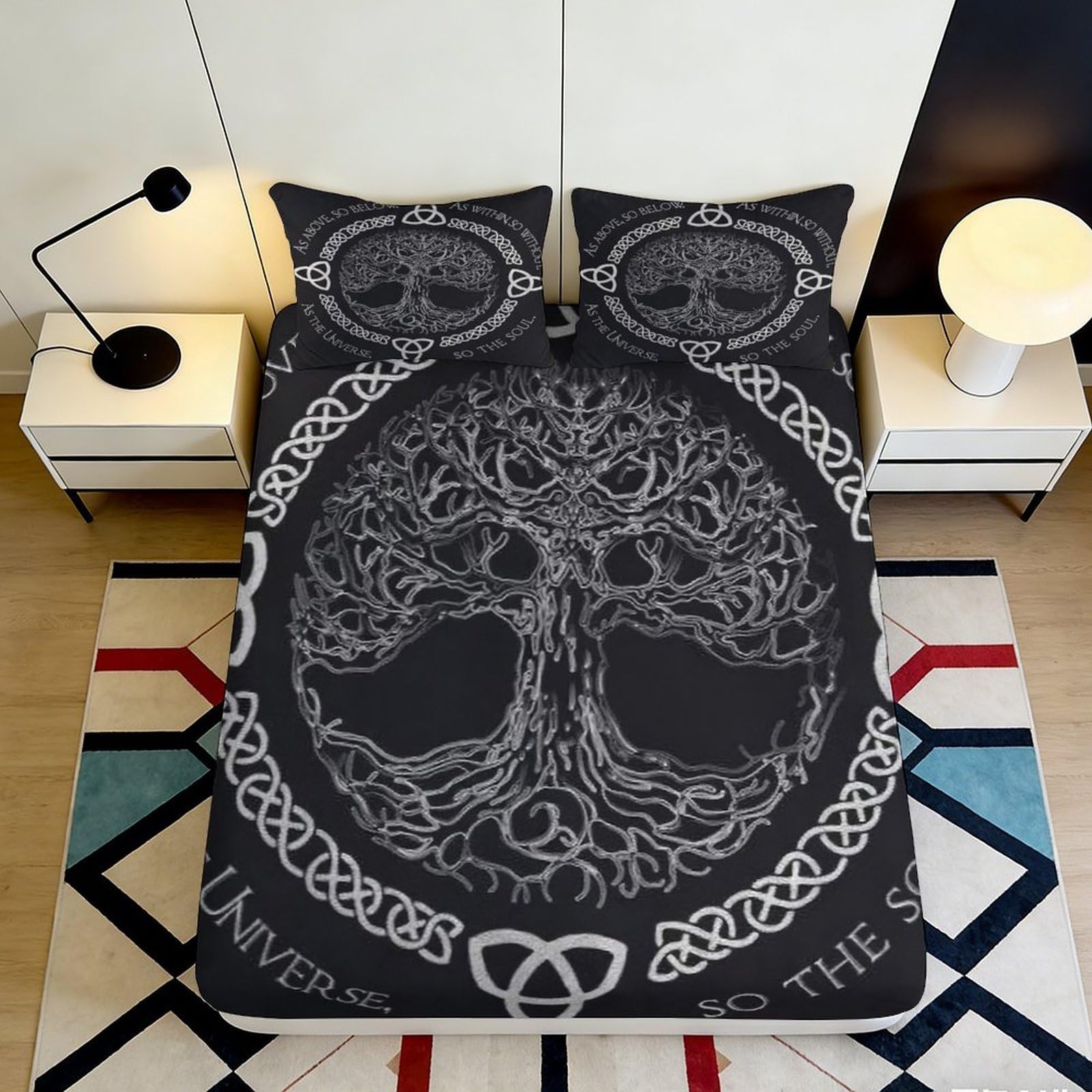 Jqzkxnhpbr Style-4 3D Printed Nordic Tree Of Life Fitted Sheet Microfiber Black Celtic Knot Bed Cover For Bedroom Dorm Decor Protection 90X200x25cm