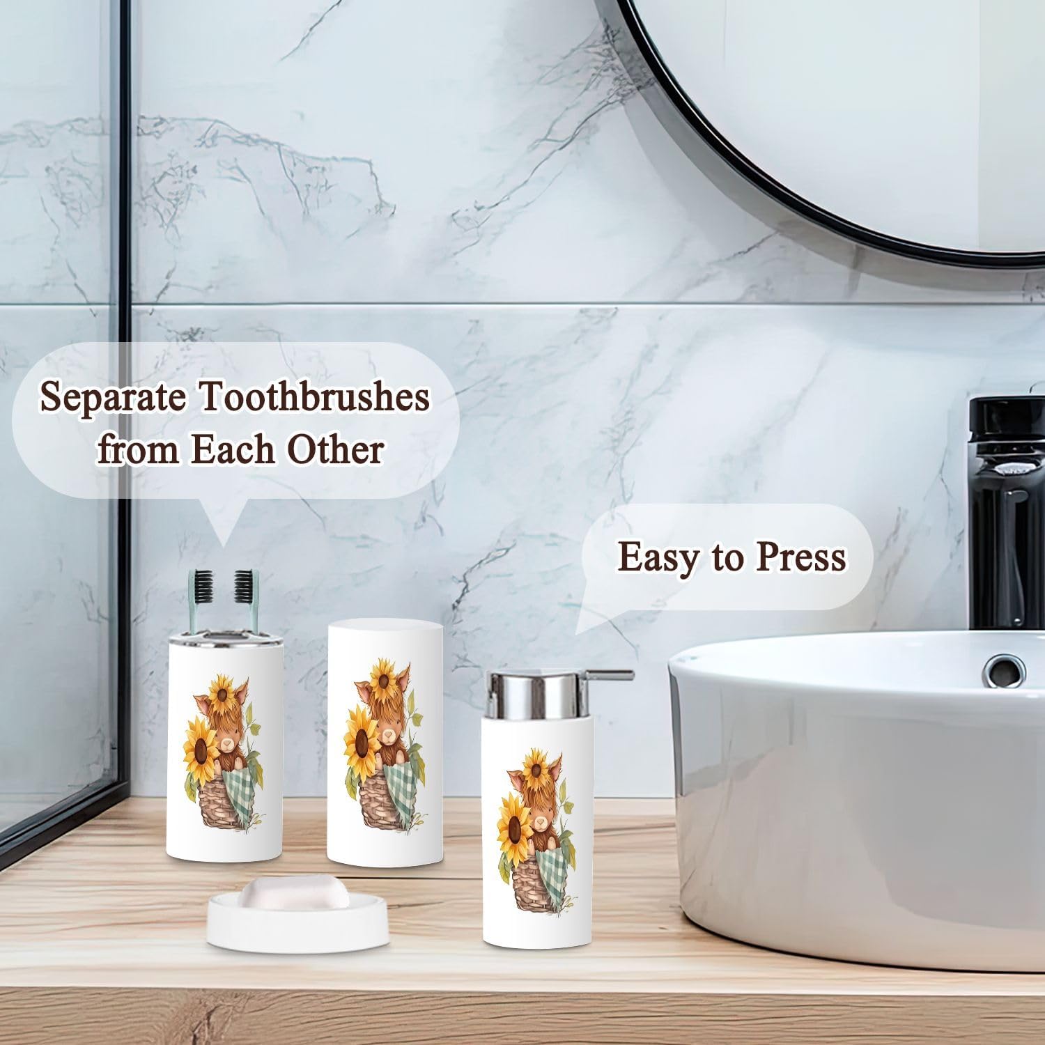 Bathroom Accessories Set 6 Pcs Baby Highland Cow Picnic Basket Sunflowers Watercolor Toothbrush Holder Cup Soap Dispenser Soap Dish Toilet Brush Holder Trash Can for Countertop Decor