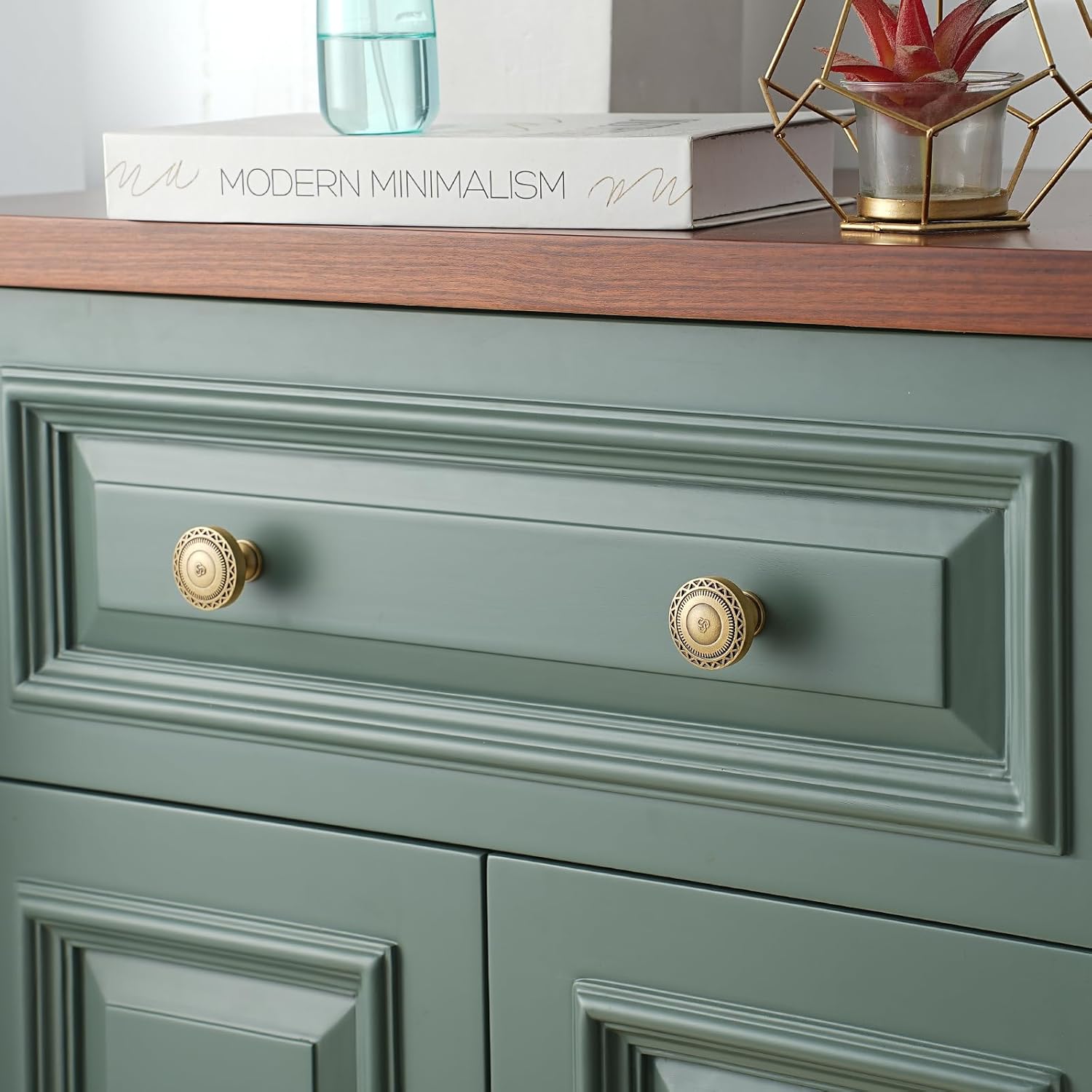 5 Pack Solid Brass Cabinet Knobs | Industrial Style Drawer Knobs | Brushed Antique Brass Cabinet Knobs for Kithchen Cabinet, Dresser, Cupboard, and Furniture