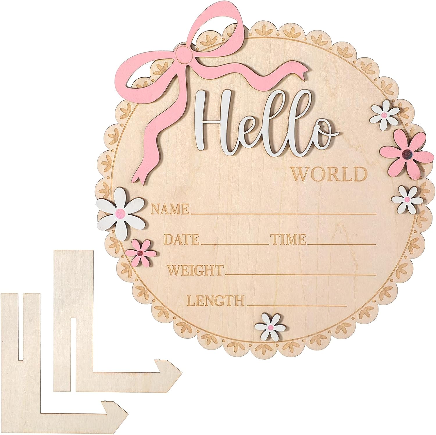 Hello World Newborn Sign, Pink Floral Bow Wooden Baby Announcement Sign with Stand Birth Welcome Board for Newborn Girls Photo Props Baby Shower Hospital Nursery