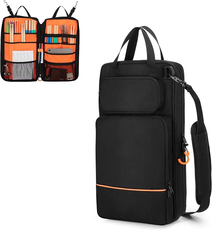 Bolsa para baquetas con ganchos para colgar y correa para el hombro desmontable | Bolsa para mazo de baquetas con bolsillo frontal para carpeta A4 o libro de música, varias ranuras para bateristas, principiantes en banda, concierto
