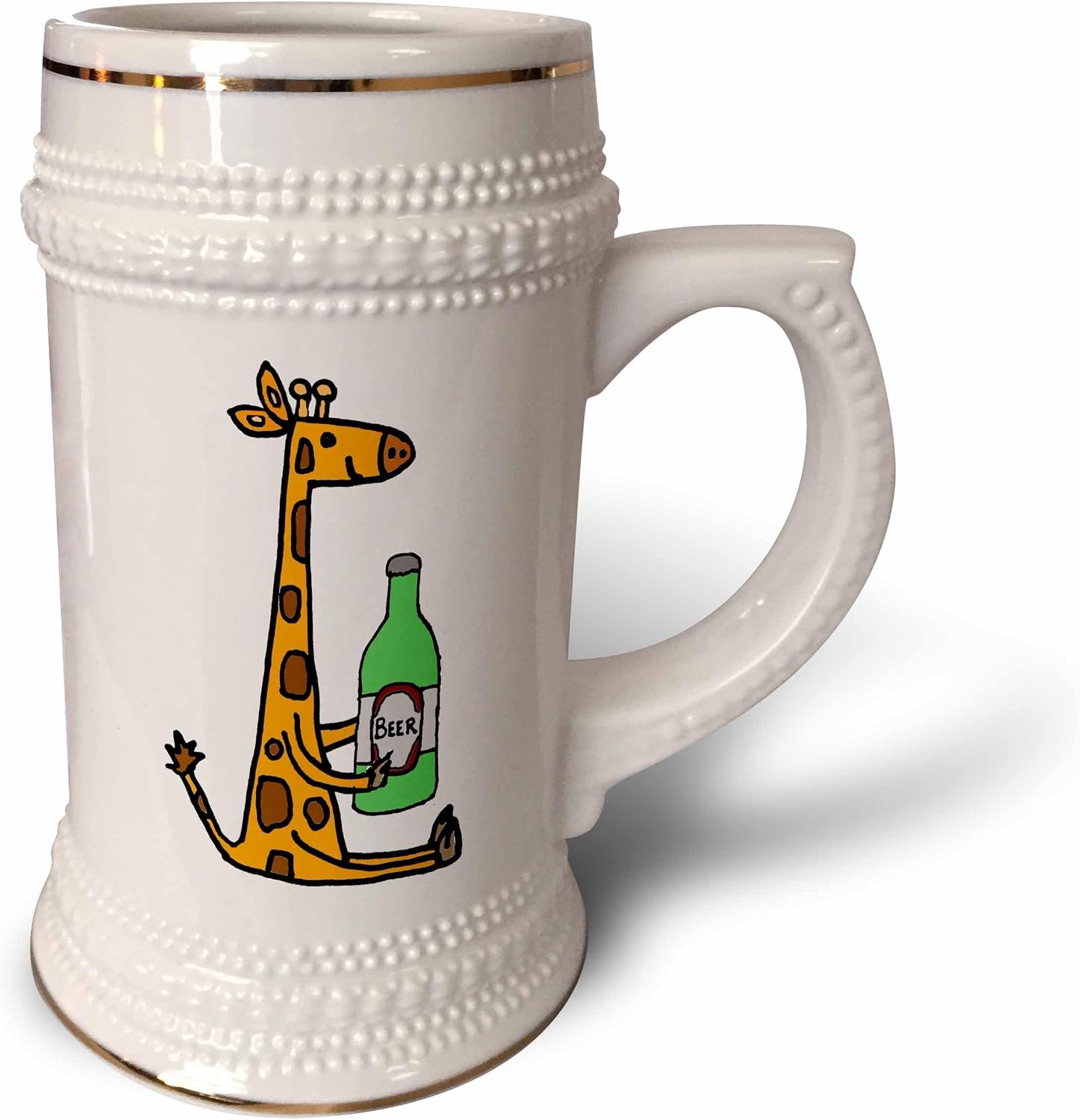 3dRose Funny Cute Giraffe Drinking Beer Cartoon - Stein Mug, 18oz , 22oz, White