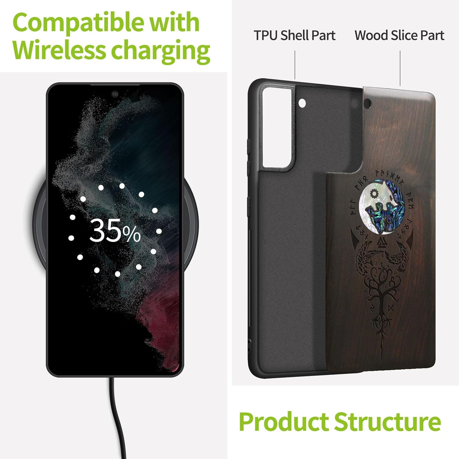 Carveit Designer Wooden Cover for Samsung Galaxy S22 Case [Wood Engraving & Shell Inlay] Compatible with Wireless Chargers Galaxy S22 (Yin Yang Wolf-Blackwood)
