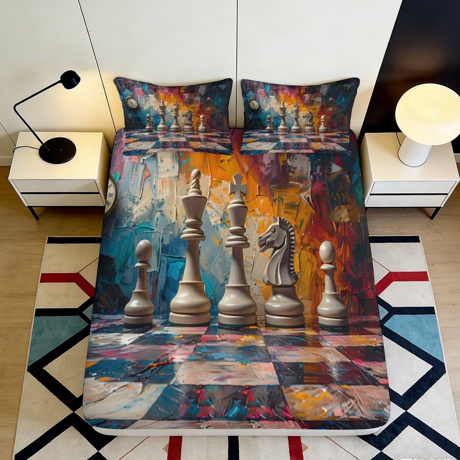 3D Printed Abstract Chess Fitted Sheet Microfiber Artistic Bed Cover for Bedroom Dorm Decor Easy Care 90x200x25cm