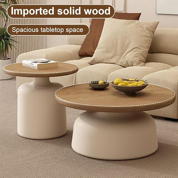 Solid Wood Round Nesting Coffee Table, End Table Set of 2 with Thick legs, Can be used individually or combined, Modern Center Tables for Living Room, Balcony(Beige)