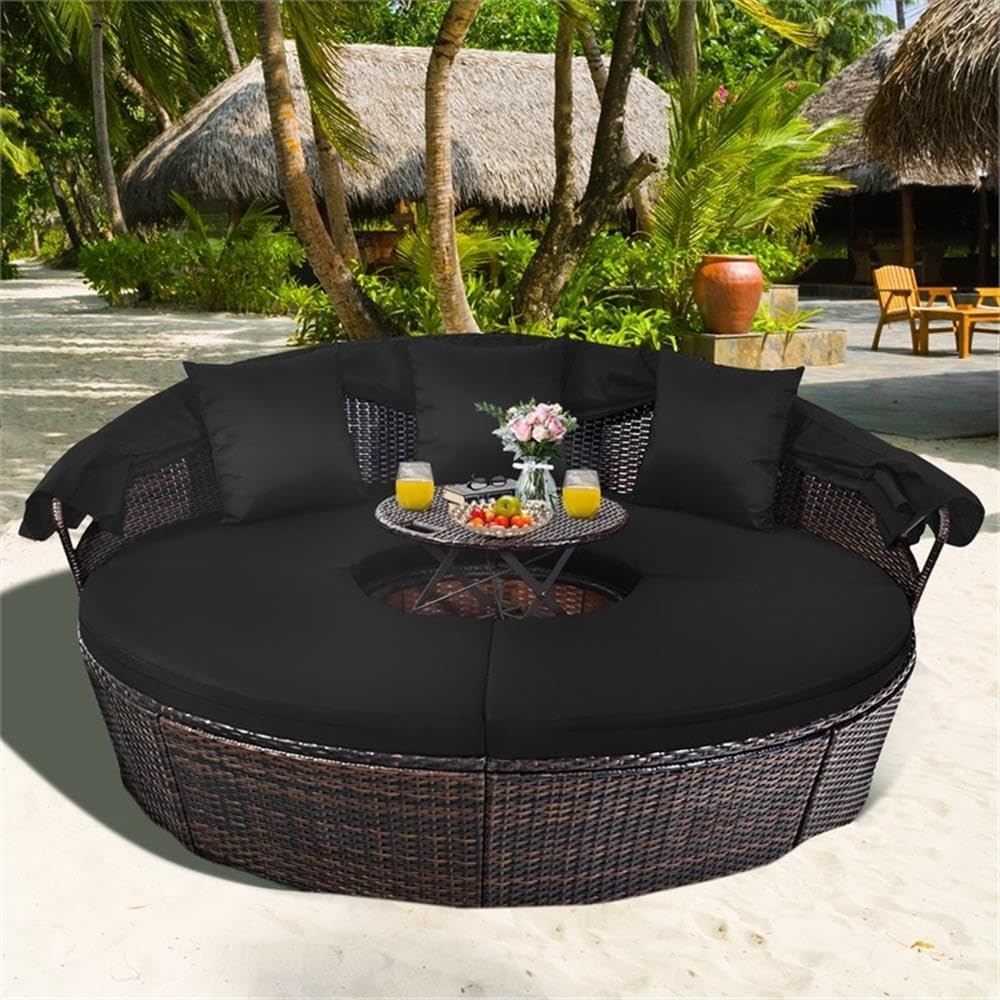 Pemberly Row Patio Rattan Daybed, Cushioned Sofa with Table and Retractable Canopy, Black PE Rattan, Sturdy Steel Frame, Modern Outdoor Furniture for Balcony, Backyard or Deck Relaxation