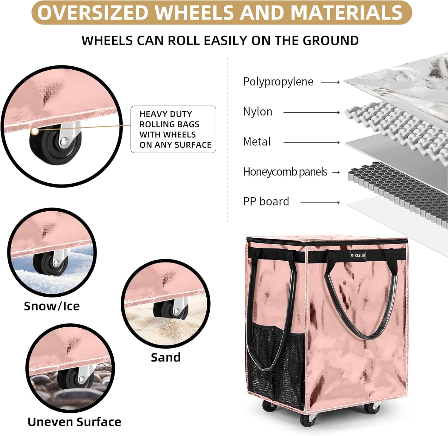 (Medium, Rose Gold) Reusable Grocery Bag on 4 Wheels, Foldable Rolling Tote Carries Up to 66lb Shopping Trolley, Rolling Bag with 3 Handles, Zipper Clouser Rolling Tote Bag with Wheels for Laundry
