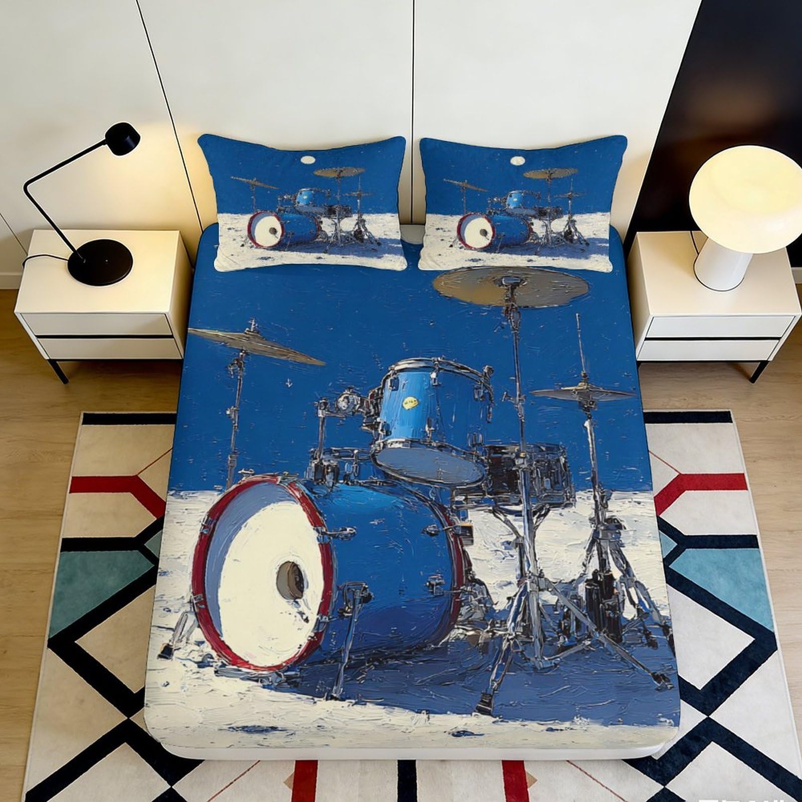 Uxinyoume Style-10 3D Printed Blue Drum Kit Fitted Sheet Microfiber Soft Music Band Mattress Cover For Bedroom Guest Room Decor 90X200x25cm