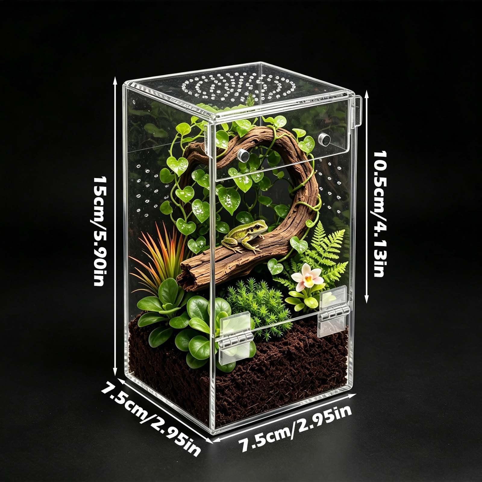 Akrylowe terrarium mini faunarium dla skaczących pająków, wysokie 8 × 8 × 15 cm, akrylowe pudełko do karmienia owadów z wentylacją, 360° przezroczyste pudełko hodowlane dla ślimaków, ptaszników
