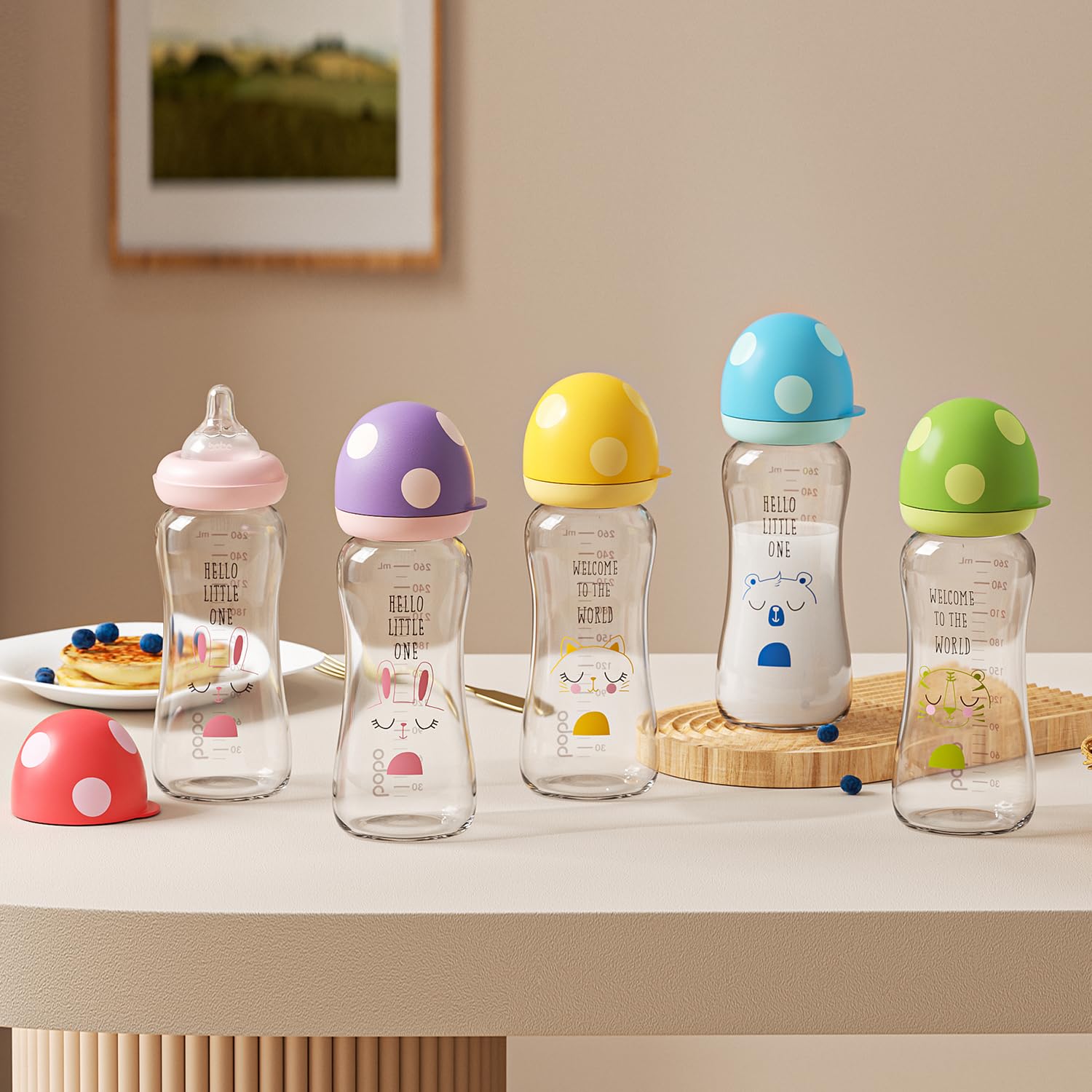 YOHKOH Set di biberon in vetro anti-colic con tettarella in silicone ultra morbido, per neonati a partire da 1 mese (multicolore1, 260 ml (confezione da 4)