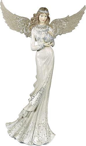 Touch of Class Charmeine - Escultura de mesa de ángel marfil, resina, blanco, plateado, figura angelical etérea para dormitorio, sala de estar,