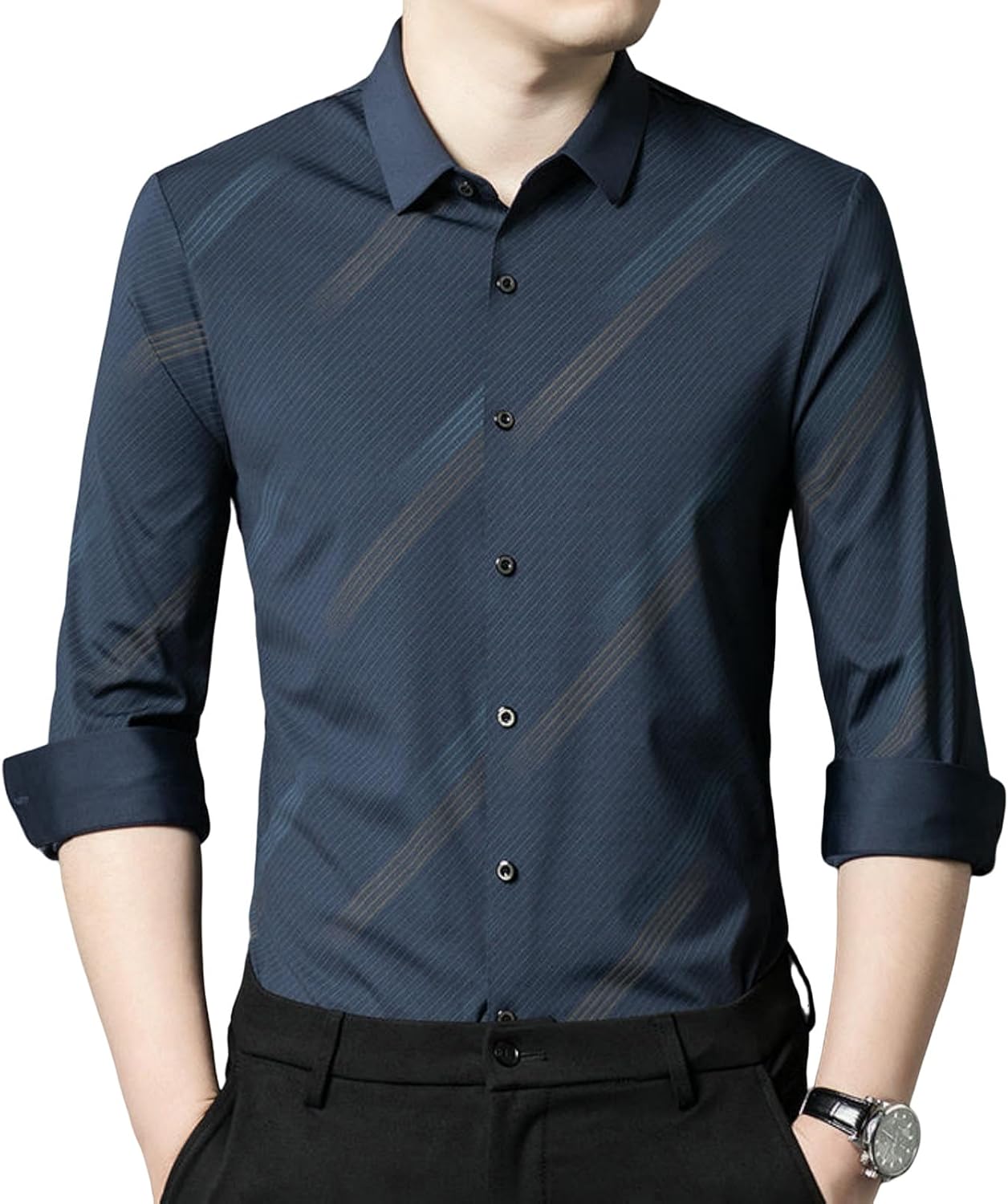 Men's Spring Korean Style Striped Wrinkle-Free Casual Seamless Long Sleeve Business Shirt