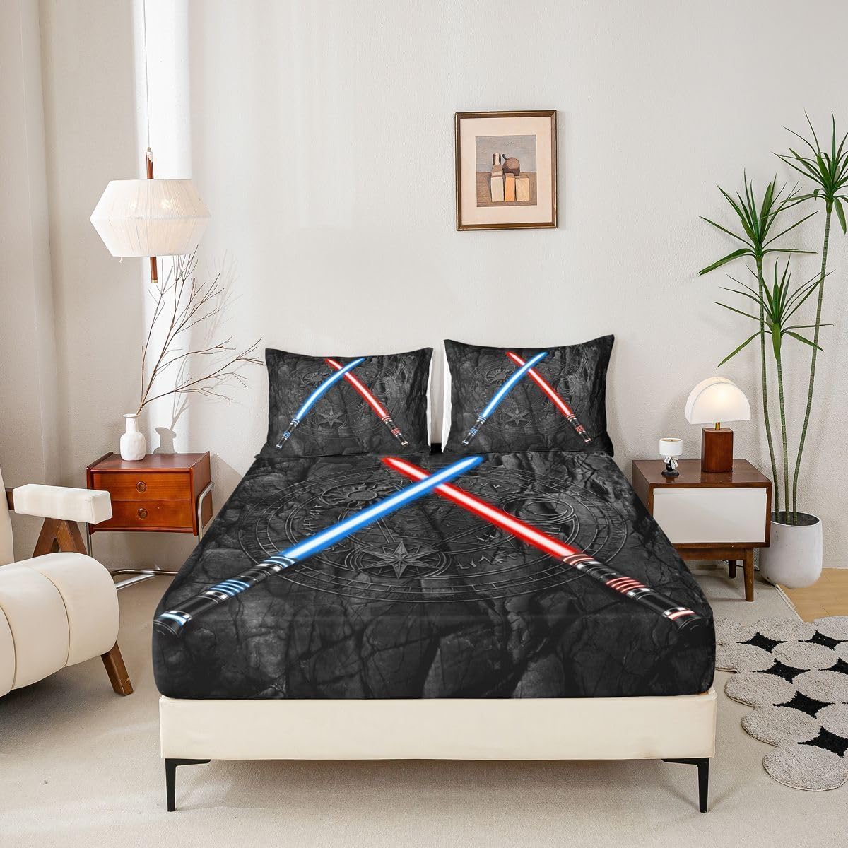 Lightsaber Bed Sheets Twin Size 3D Neon Blue Red Bedding Set 3Pcs Geometric Sun Moon Round Sheet Set for Kids Boys Girls Teens Room Decor Fashion Vintage Stone Wall Fitted + Flat Sheet,Black