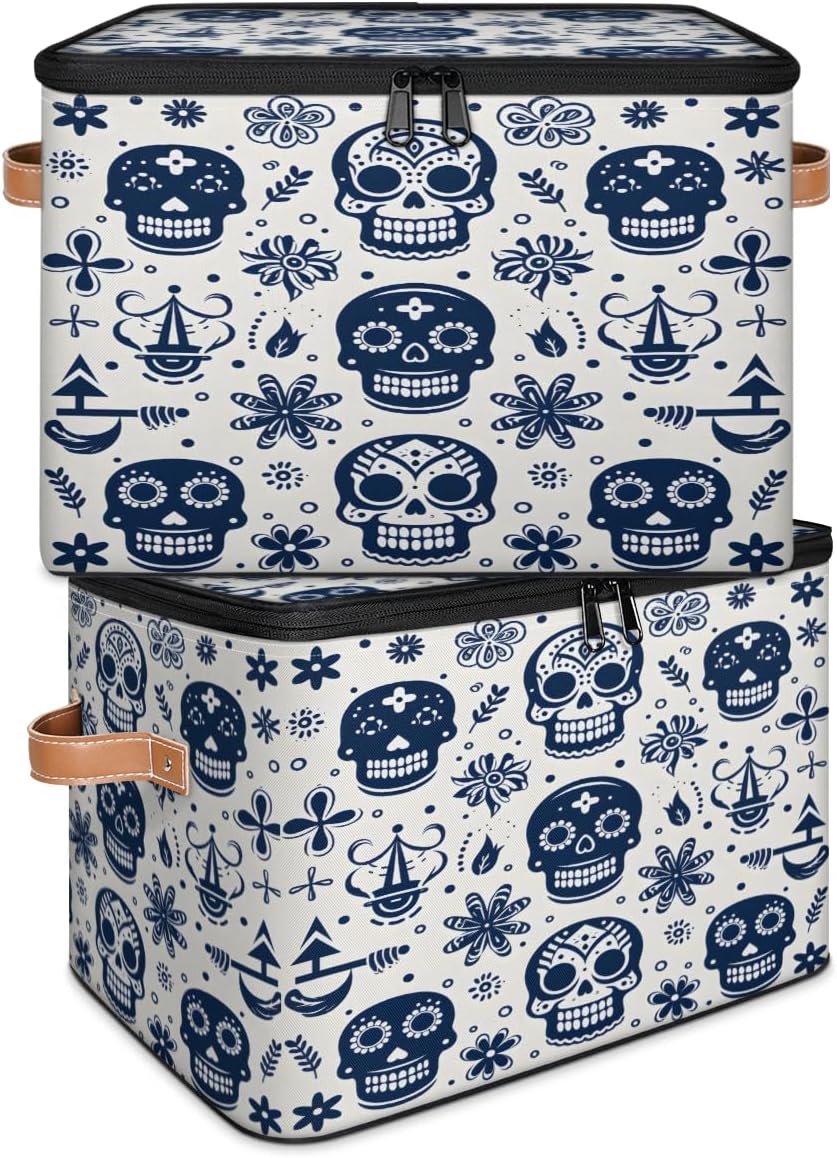 Storage Bin Set of 2 Ethnic Skull Storage Basket with Zipper Lid & Handle Foldable Closet Shelf 2 Pack Cloth Organizer Basket Cube Bins Clothes Organizer for Nursery, Bedroom
