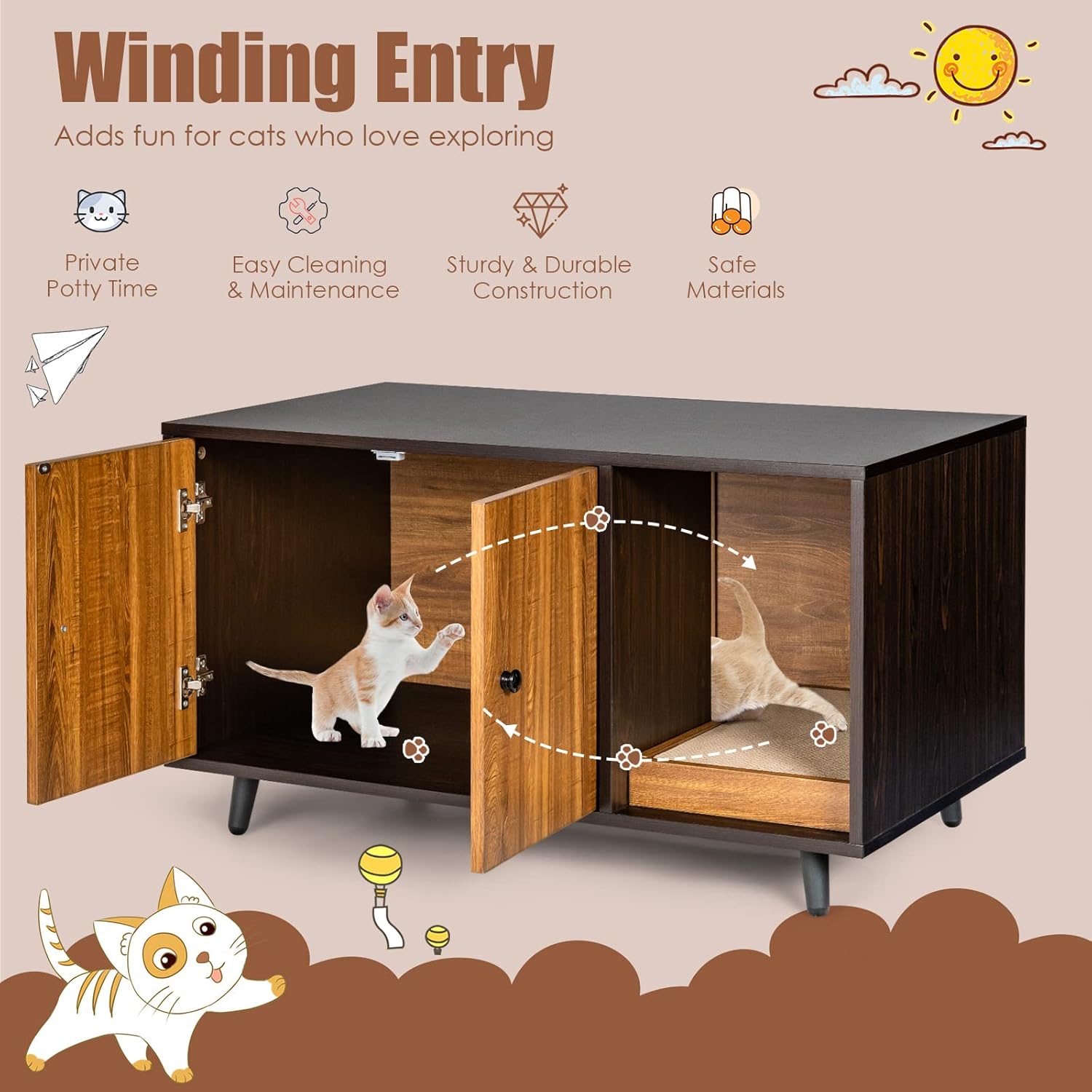 Tangkula Cat Litter Box Enclosure, Cat Washroom W/Divider, Scratching Pad, Metal Leg, Enclosed Cat Box Cabinet Pet House W/Double Doors, Litter Box Furniture Hidden for Large Cat (Walnut & Black)