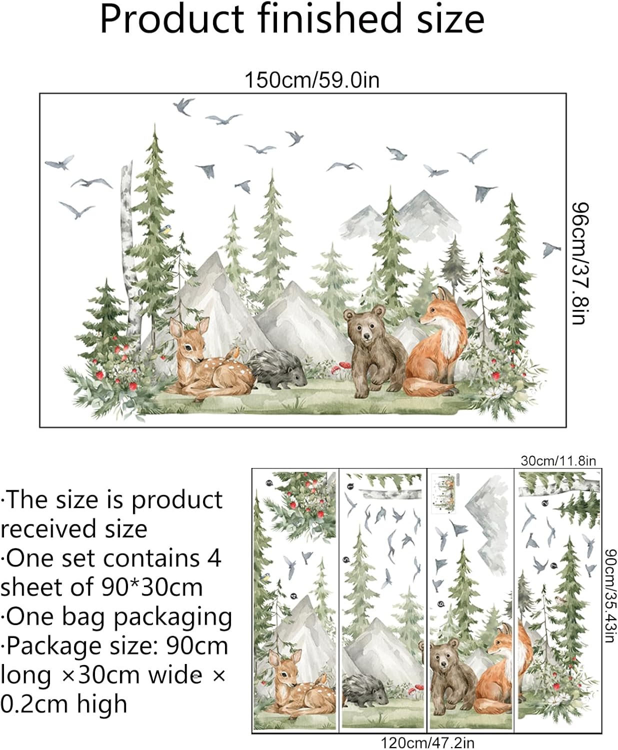 Giant Woodland Jungle Animal Wall Stickers - Forest Tree Deer Bear Mountain Landscape Decals Peel&Stick Removable Art Mural for Kid Nursery Bedroom Living Room Playroom,96 cm x 150 cm