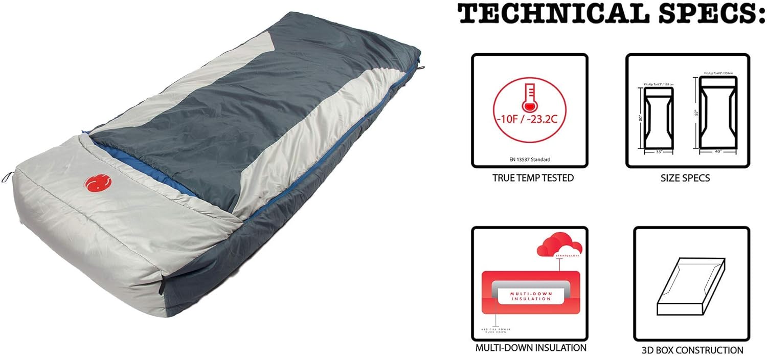 OmniCore Designs Multi Down Hooded Rectangular Sleeping Bag (-10F to 30F) with 4pt. Compression Stuff Sack