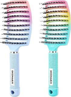EKONAER 2 Pack Detangling Boar Bristle Hair Brush - Painless Knot Removal, Adds Shine & Smoothness for Wet/Dry Hair, Adults & Kids (Green/Blue)