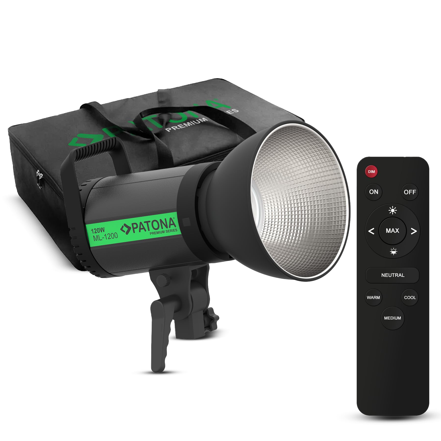 PATONA Premium LED - Luz fotográfica profesional COB ML-1200 | 120 W | bicolor | temperatura de color 3200 K – 5600 K | 9800 lúmenes | pantalla LCD | mando a distancia | estudio y exterior | incluye