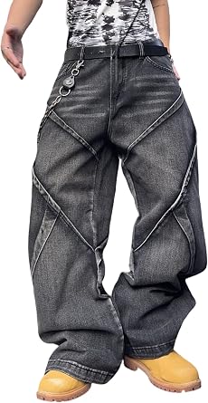 DFGIGT Mens Baggy Jeans Patchwork Y2k Hip Hop Wide Leg Denim Pants Casual Loose Fit Trousers Streetwear